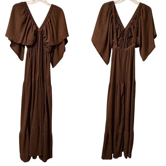 Sunnow Maxi Chocolate Brown V-Neck Dress - Size Small - Picture 3 of 7